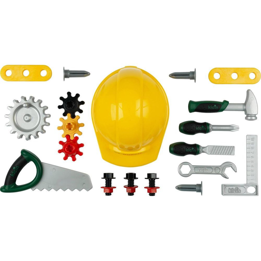 Werkzeugset mit gelbem Helm, Säge, Schrauben, Hammer und Schraubendreher.
