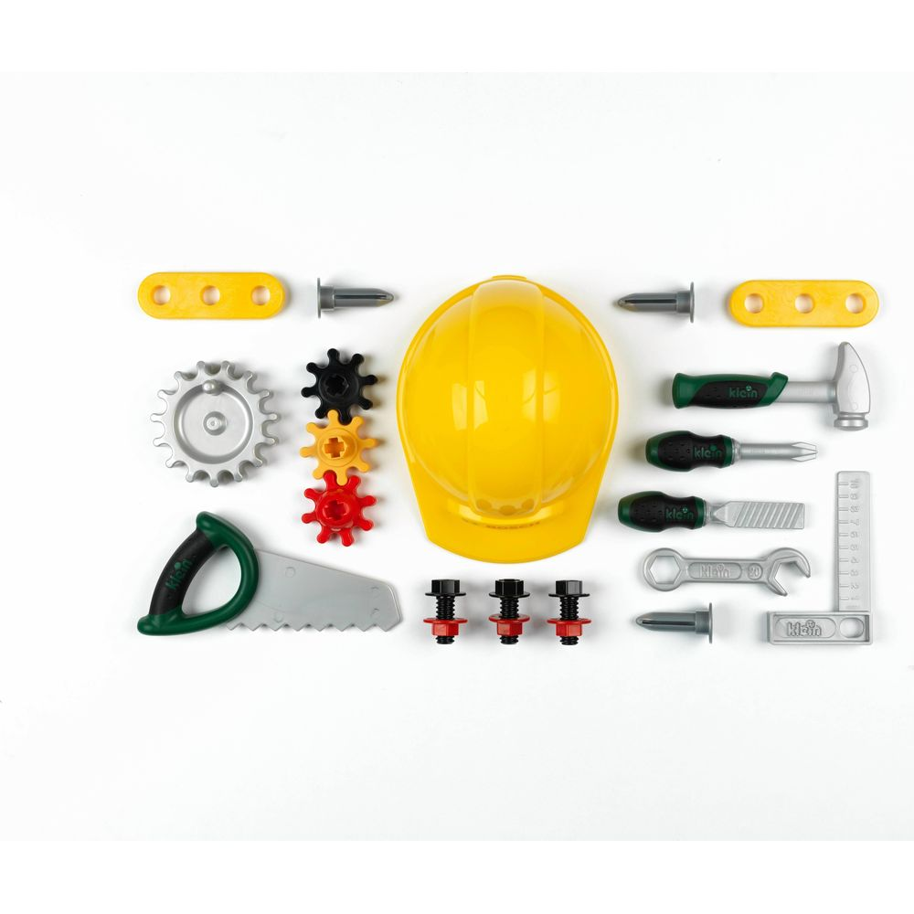 Ein gelber Schutzhelm, Werkzeuge, Zahnräder und Schrauben auf weißem Hintergrund.