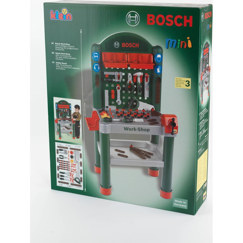 Verpackung einer Bosch Mini Werkbank mit Werkzeugen und Zubehör für Kinder.