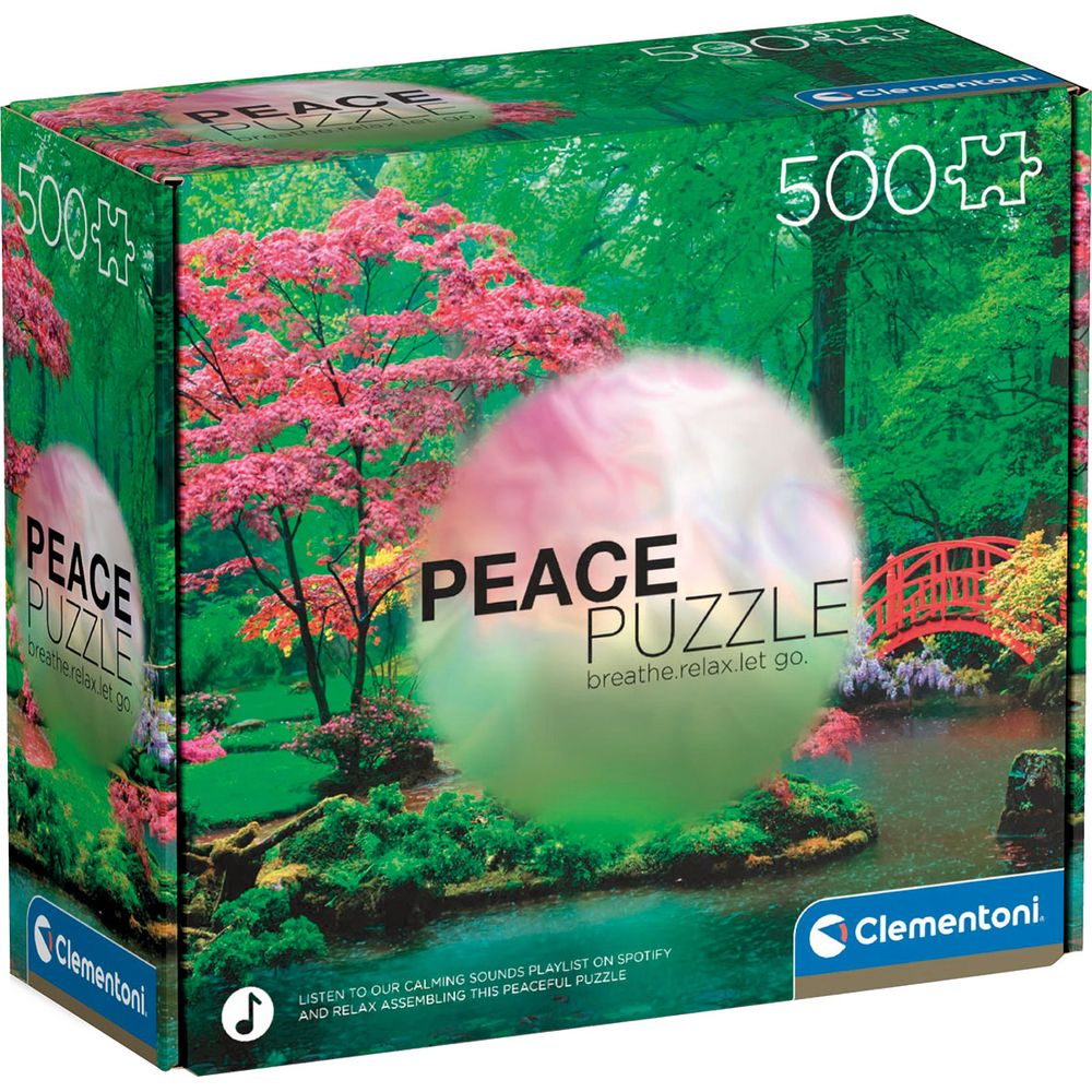 Eine 500-teilige Puzzlebox zeigt eine ruhige Gartenszene mit einem rosa Baum, roter Brücke und Wasser.