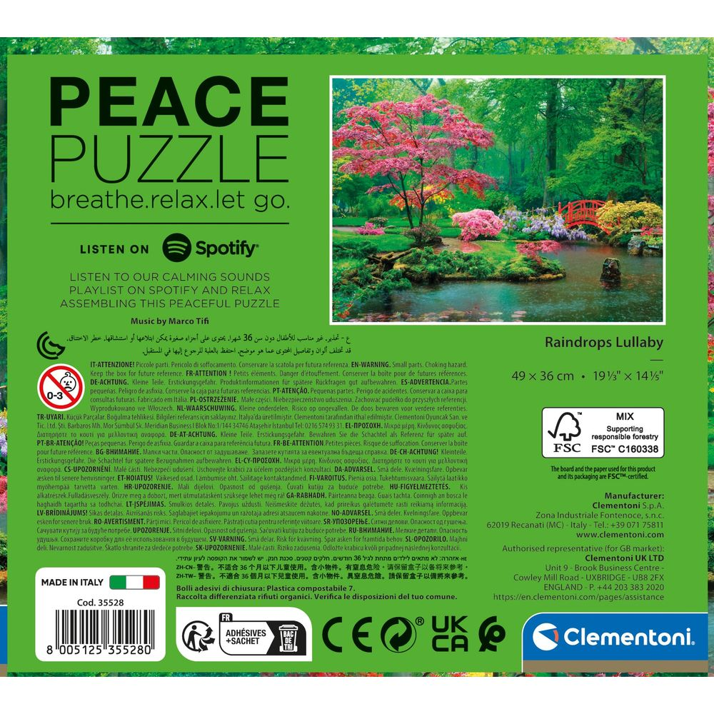 Puzzle "Raindrops Lullaby" mit Naturmotiv, Spotify-Logo, Warnhinweise und Produktinfos.