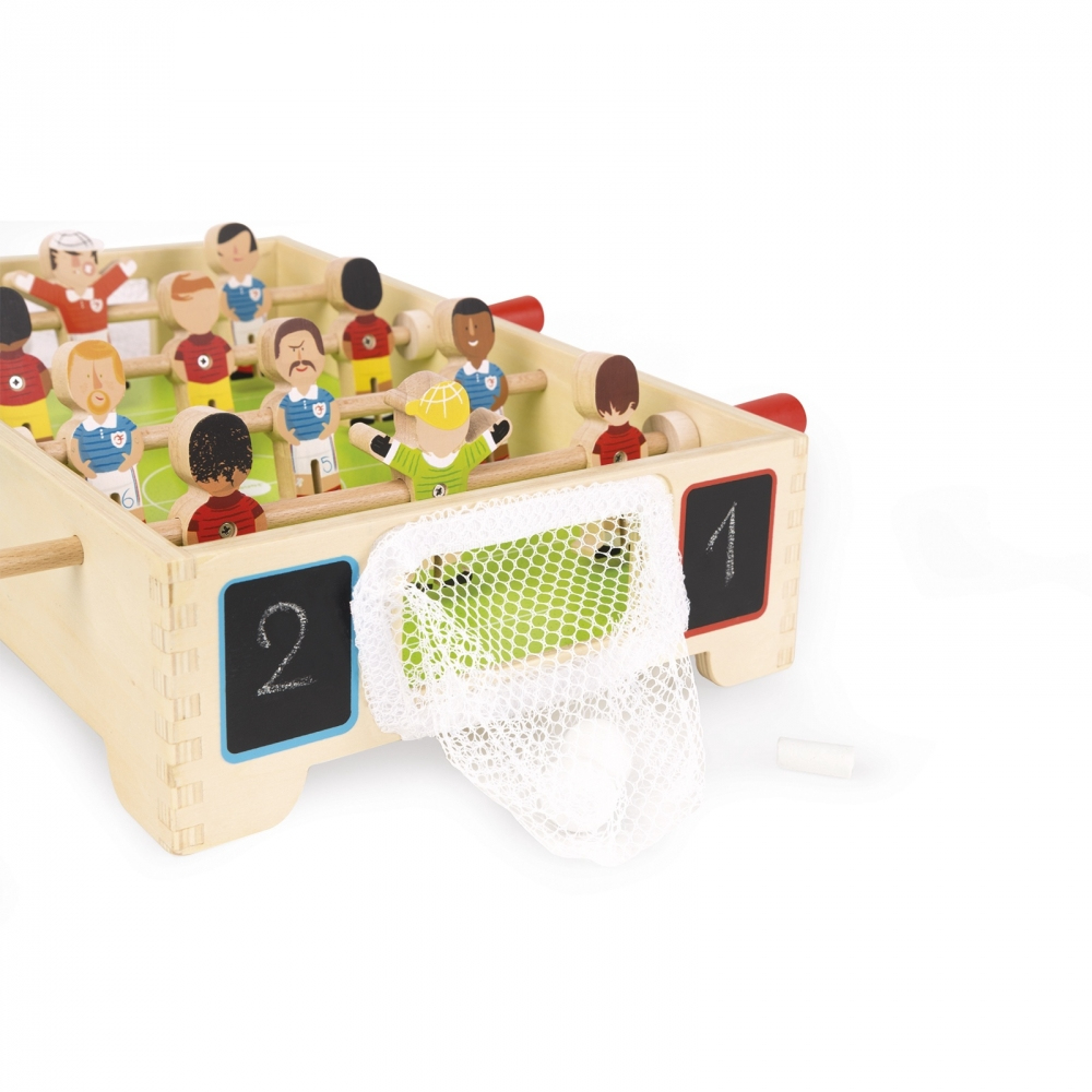 Calcio balilla in legno con 12 figure. Due squadre in divisa rossa e blu.