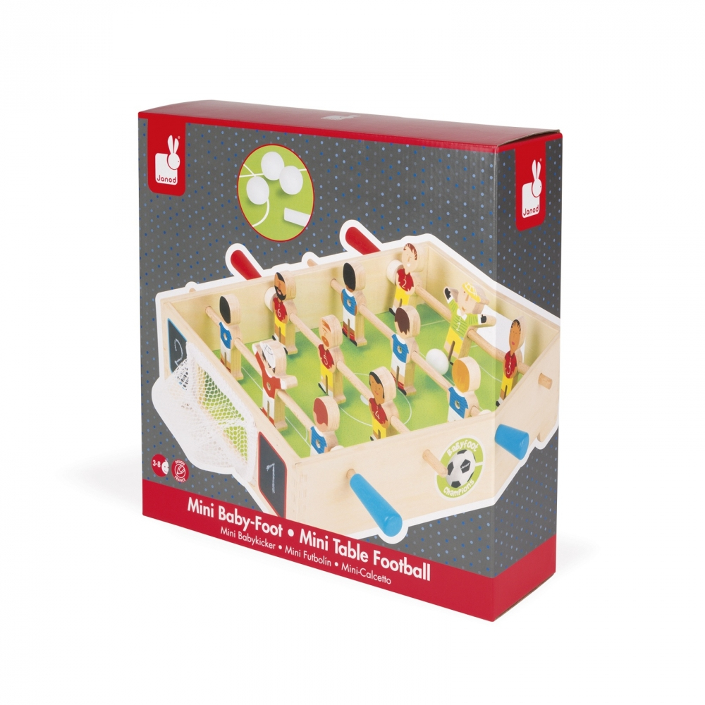 Gioco del biliardino in legno con giocatori rossi e blu su campo verde, in scatola.