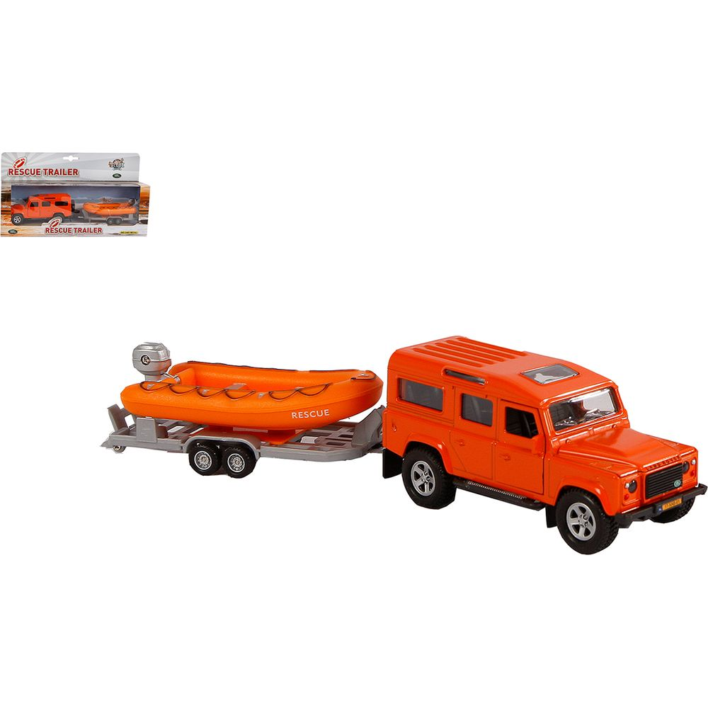 Ein orangefarbenes Spielzeugauto mit Rettungsbootanhänger. Das Auto hat ein Gitter und Fenster.