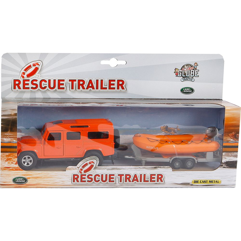 Orangener Land Rover Spielzeugwagen schleppt ein Rettungsboot auf einem Anhänger.