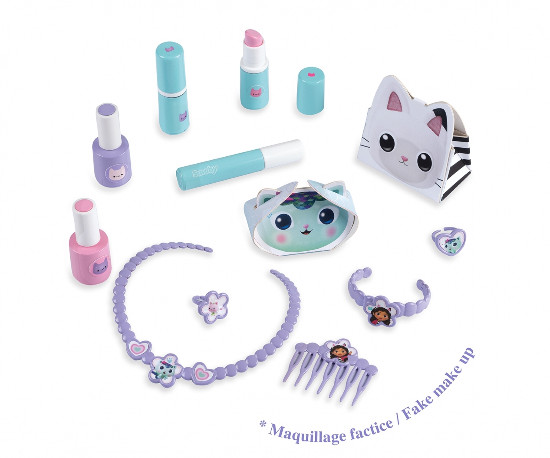 Spielzeug-Make-up: Nagellack, Lippenstift, Kamm, Schmuck und Katze-Tasche.