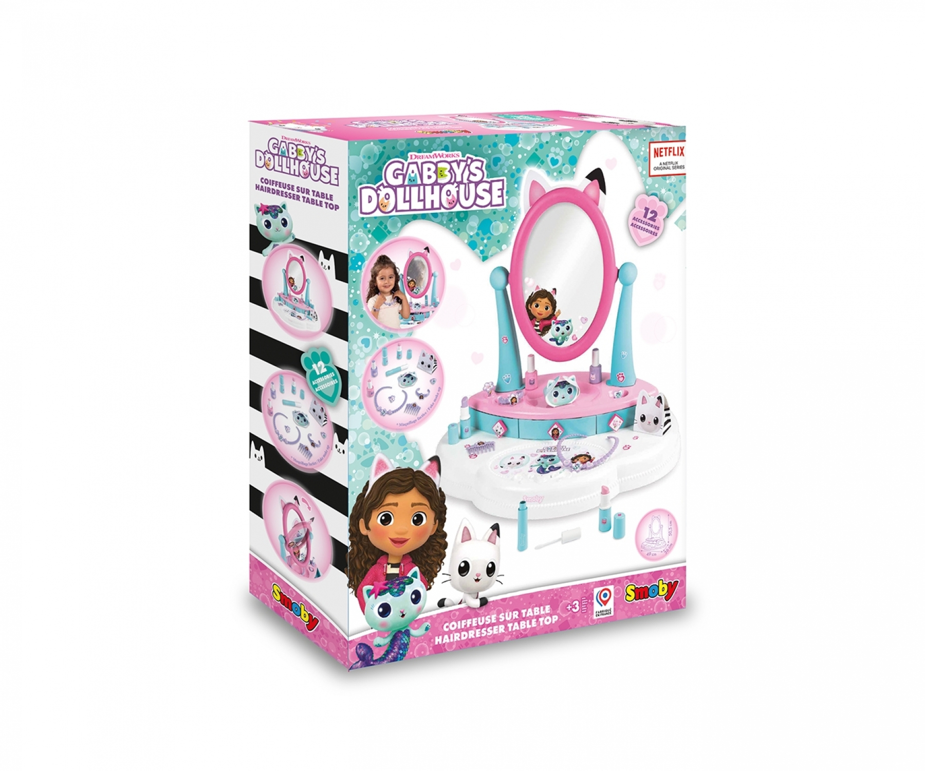 Verpackung für Gabby's Dollhouse Frisiertisch mit Spiegel, Zubehör und Figuren.