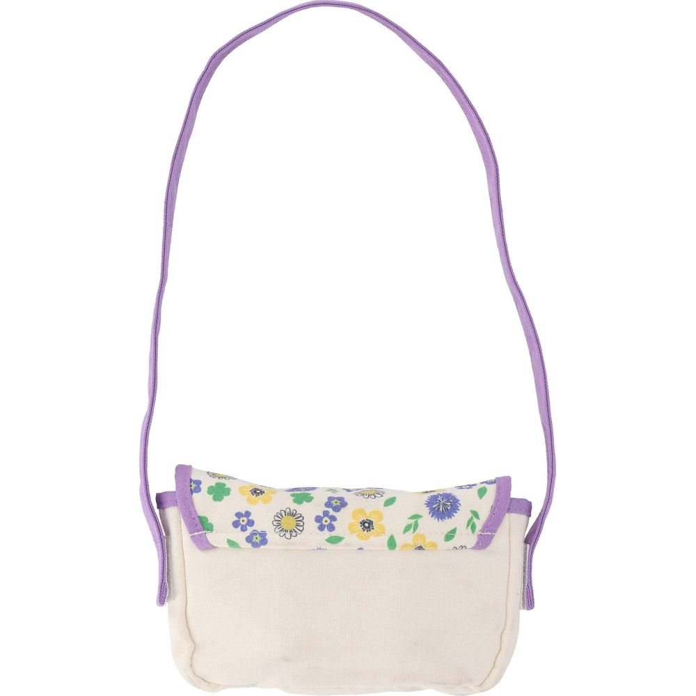 Eine kleine weiße Tasche mit floralem Muster und lila Träger.