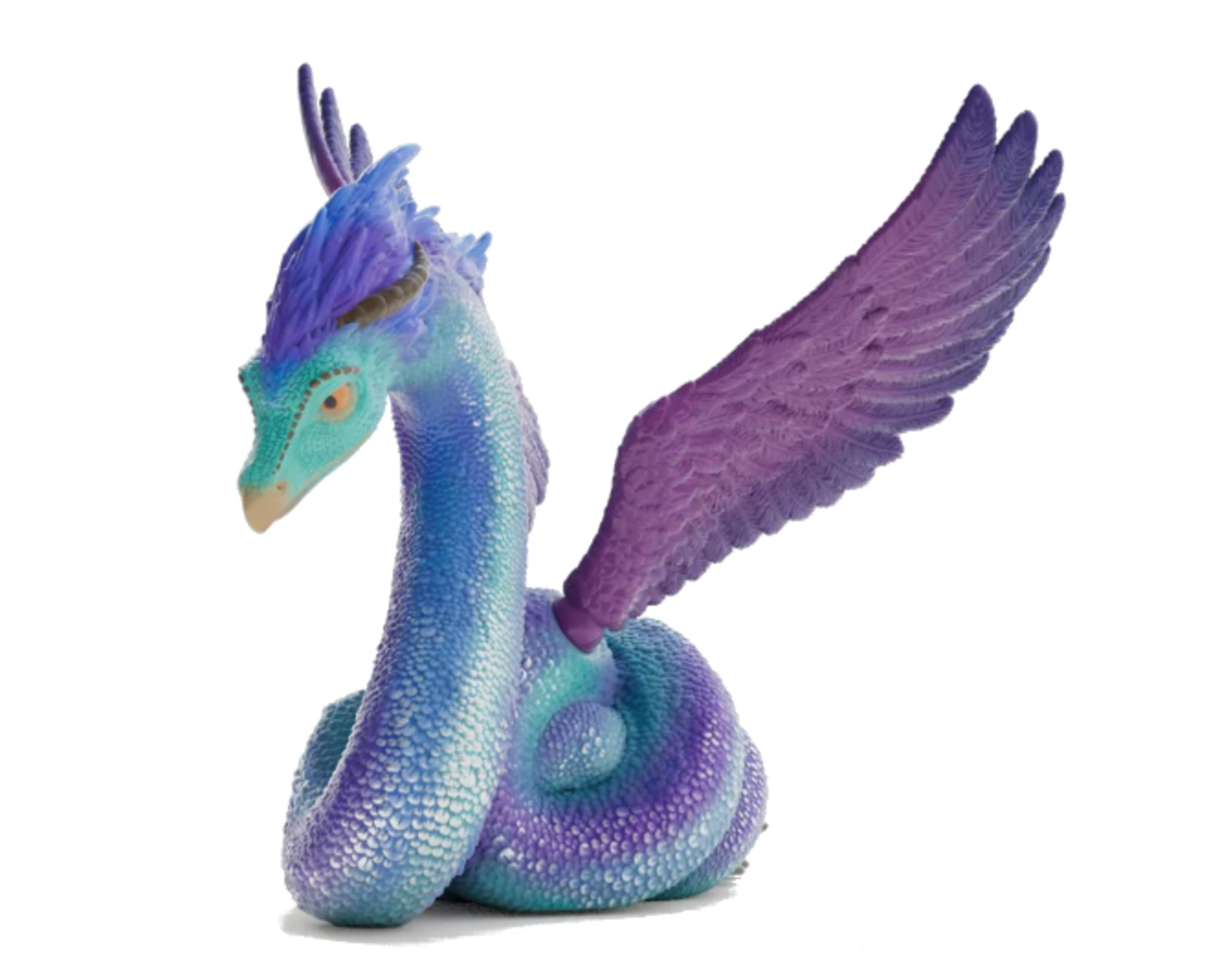 Blau-türkiser Drache mit lila Flügeln, sitzt mit verschlungenem Körper.