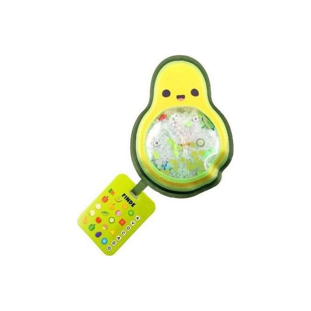 Un piccolo ciondolo a forma di avocado giallo con occhi e bocca, pieno di glitter.