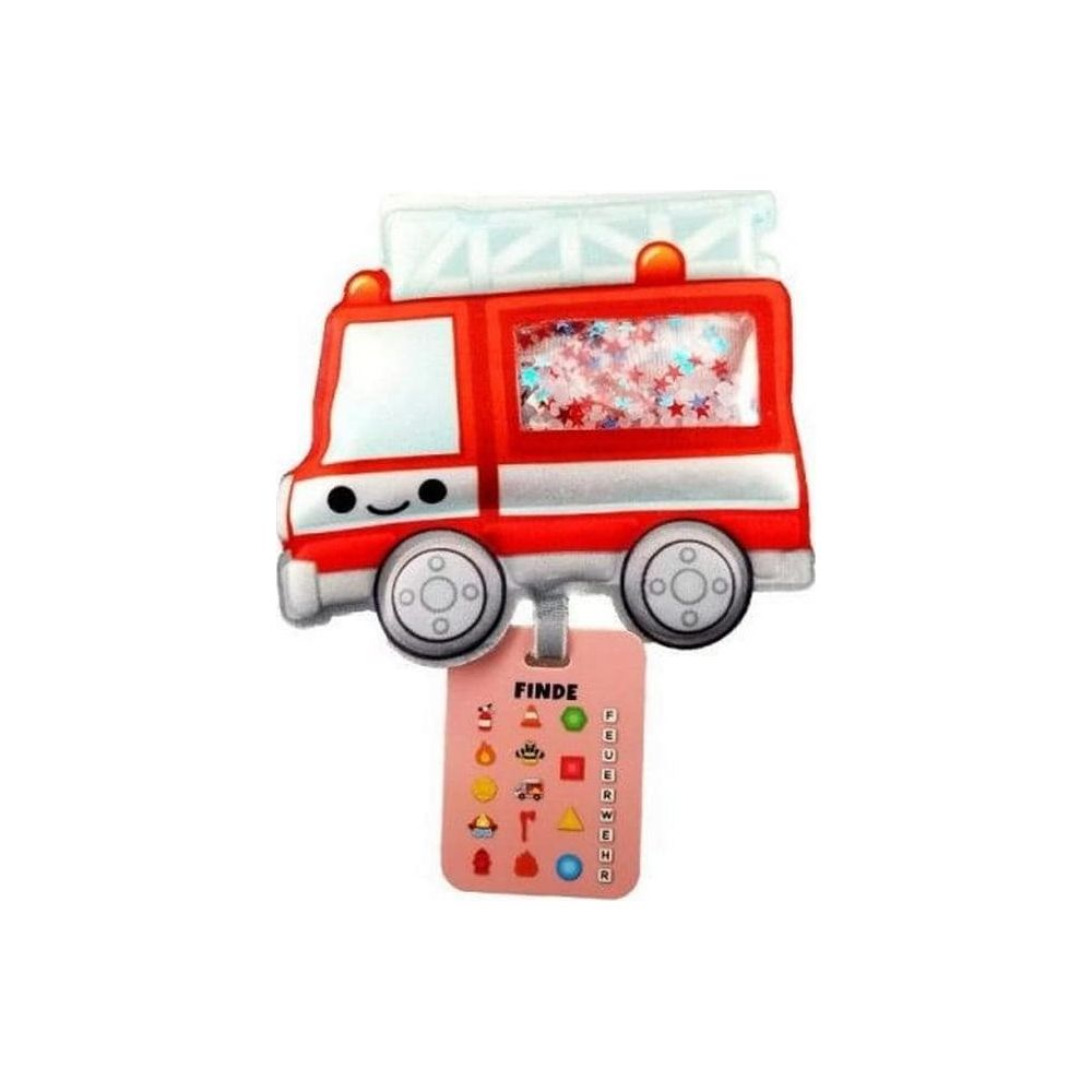 Un camion dei pompieri giocattolo rosso con glitter e un'etichetta con simboli.