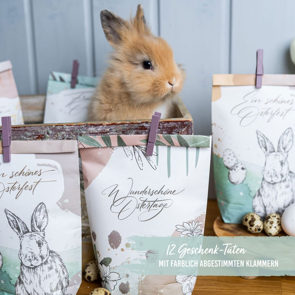 Un coniglietto è seduto in una scatola dietro sacchetti regalo di Pasqua con disegni di conigli.