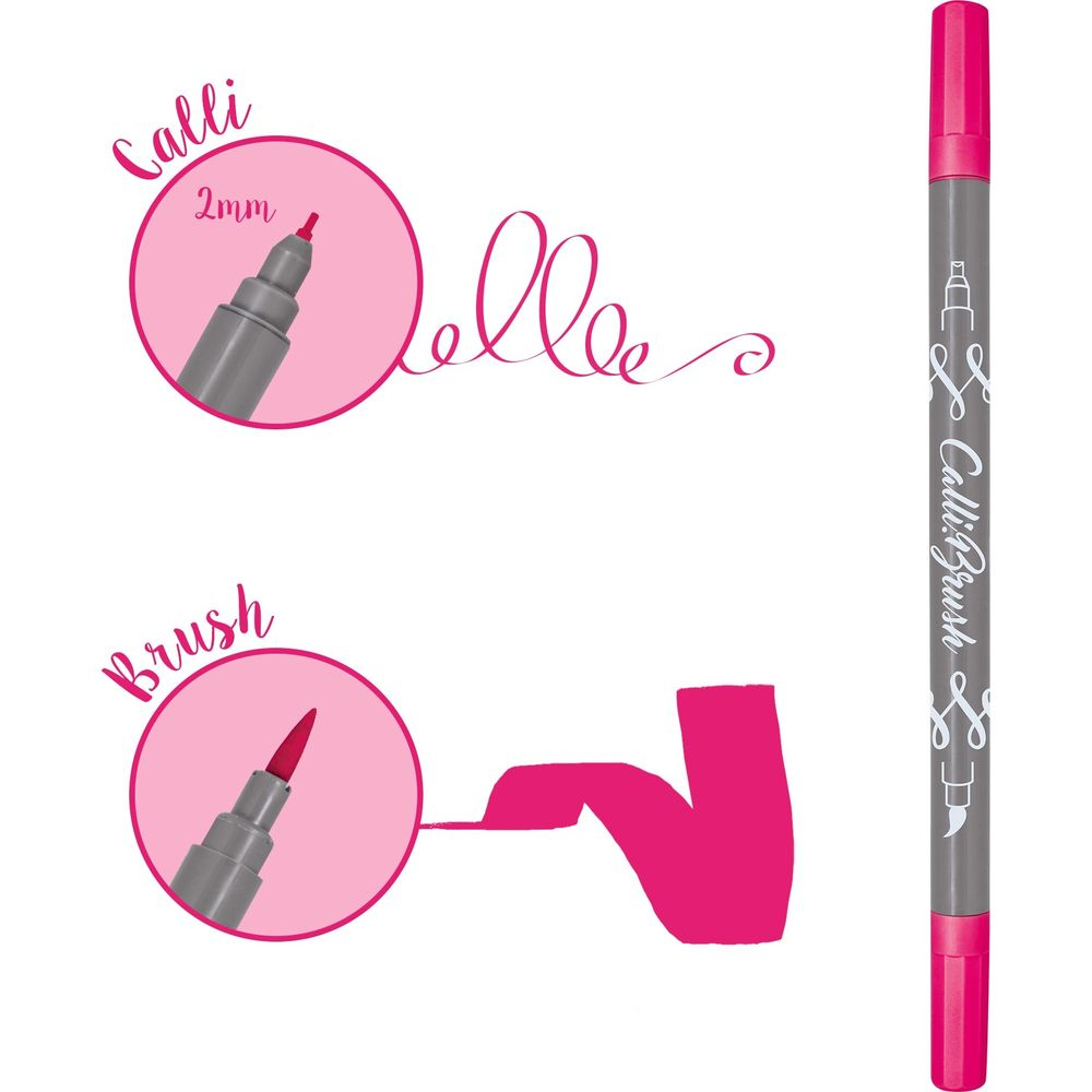 Grauer Calli Brush Stift mit pinker Spitze, zeigt 2mm Kalligrafie und Pinselstrich.