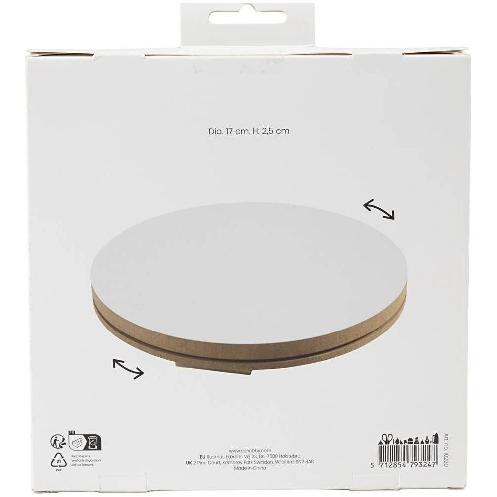 Disco bianco rotondo su confezione, diametro 17 cm, altezza 2,5 cm.