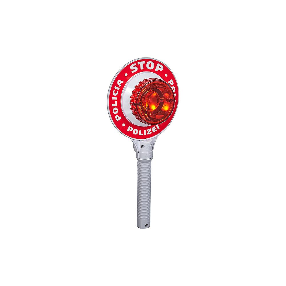 Segnale di stop rosso con scritta POLIZIA e luce lampeggiante su manico bianco.