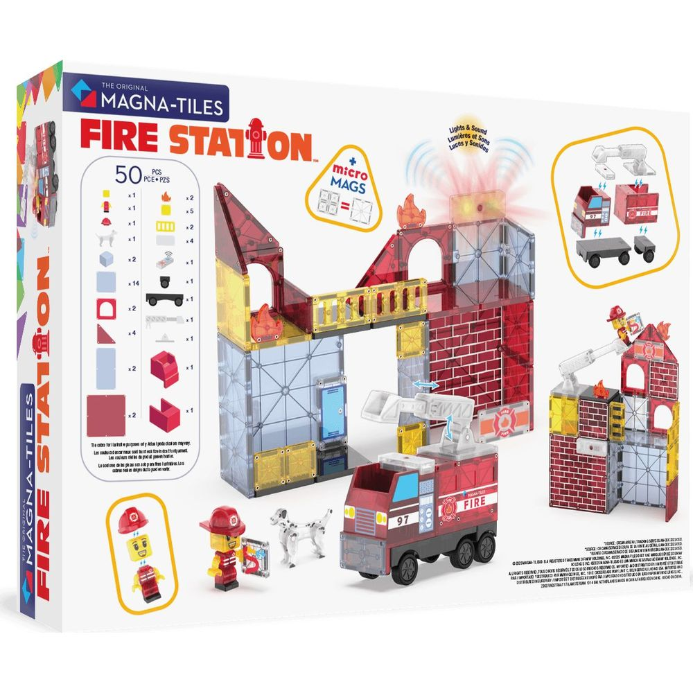 Magna-Tiles Feuerwache Spielzeug mit LKW, Figuren und Hunden.