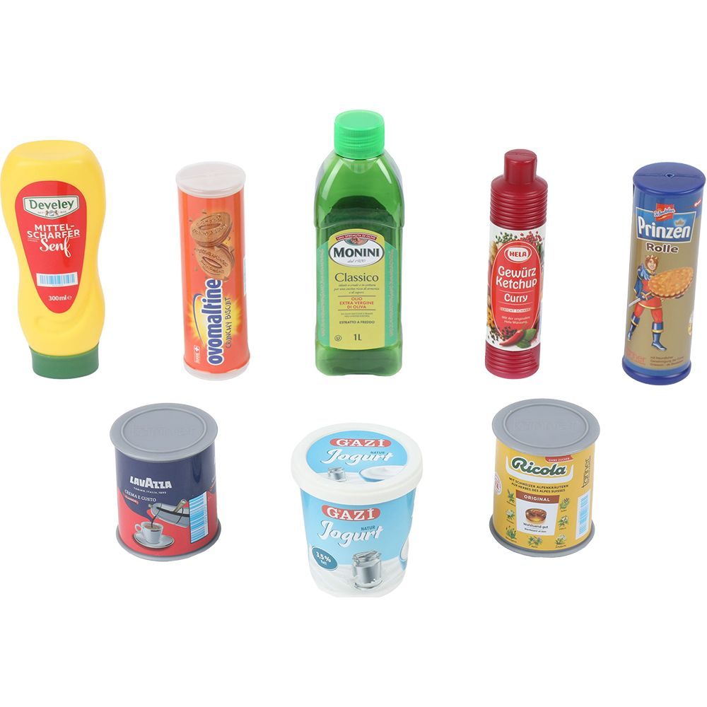 Senf, Kekse, Olivenöl, Ketchup, Prinzenrolle, Lavazza, Joghurt und Ricola.