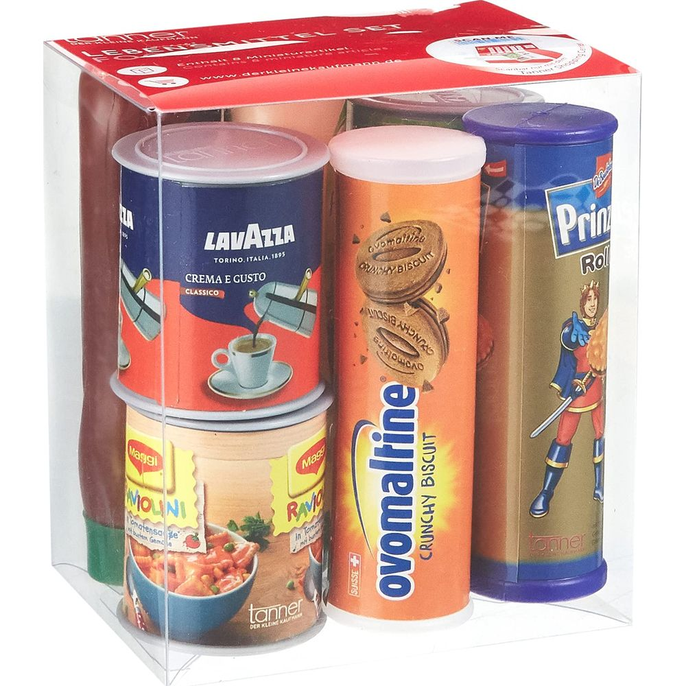 Miniatur-Lebensmittelset mit Lavazza Kaffee, Ovomaltine Keksen und Maggi Ravioli.