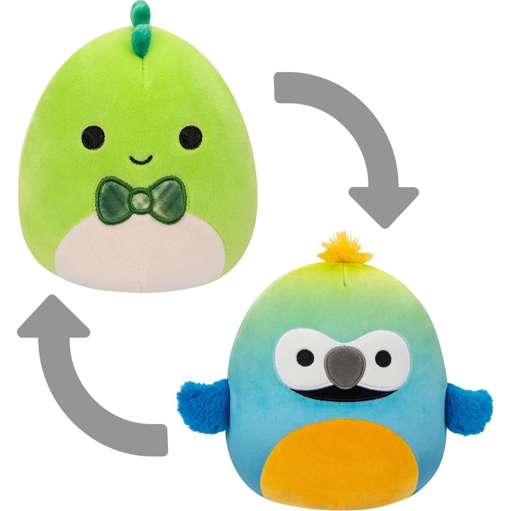 Un dinosaure vert et un oiseau bleu, peluche réversible.