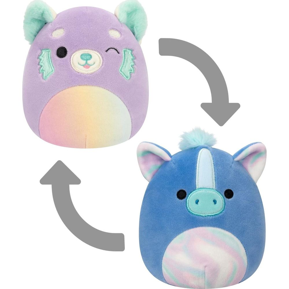 Deux peluches : un ours violet et une licorne bleue, avec des flèches montrant la transformation.