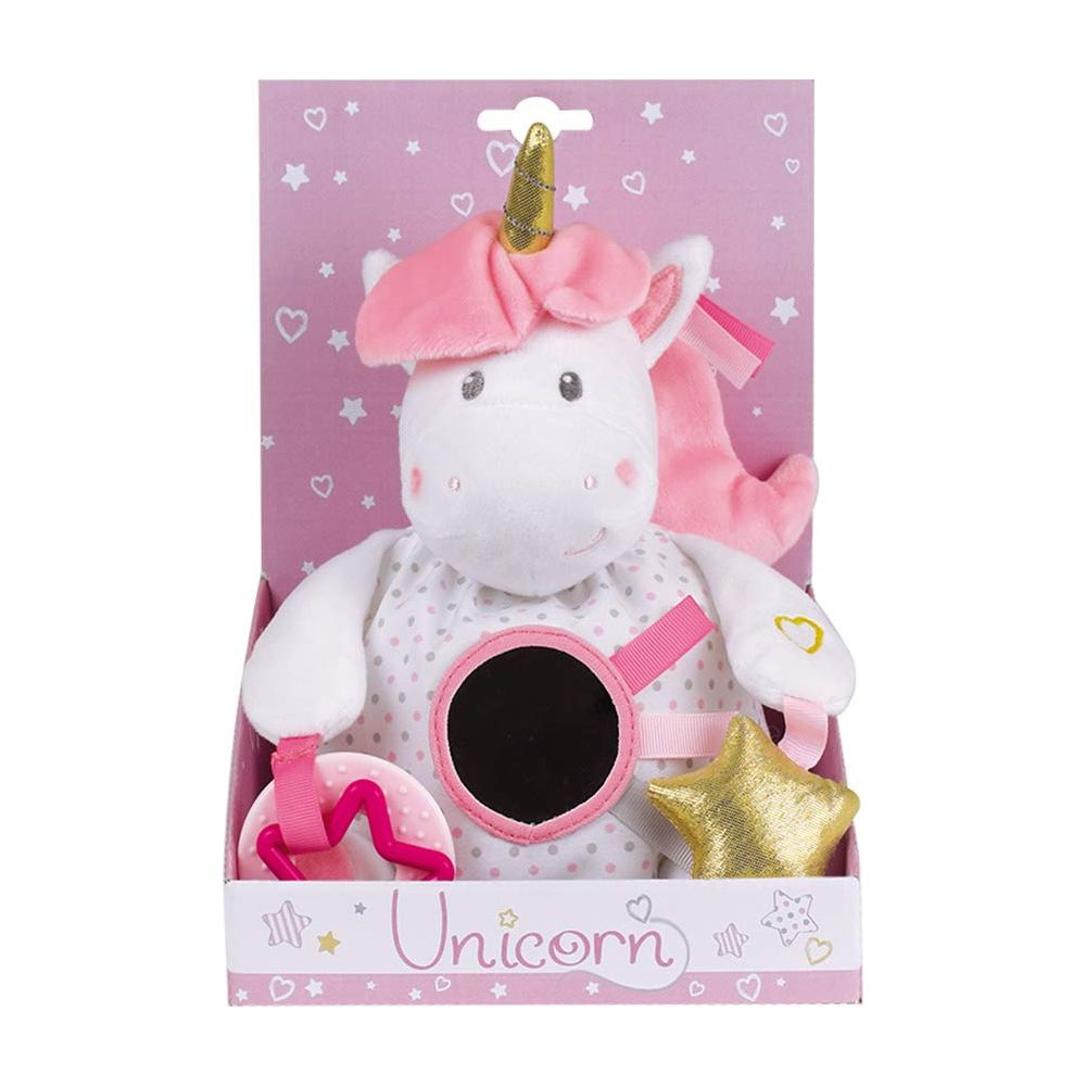 Une peluche licorne blanche à crinière rose et corne dorée, dans son emballage.