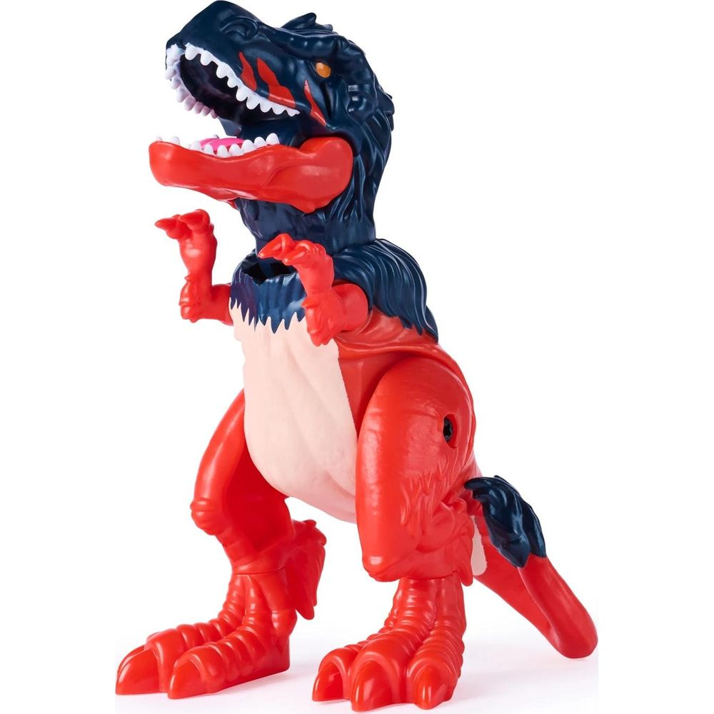 Un dinosaurio de juguete rojo con cabeza azul y dientes blancos.