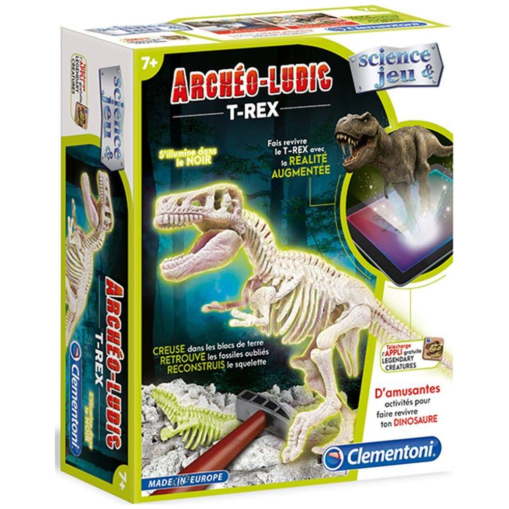 Verpackung eines T-Rex-Skelett-Bausatzes mit Werkzeugen und einer App-Anzeige.