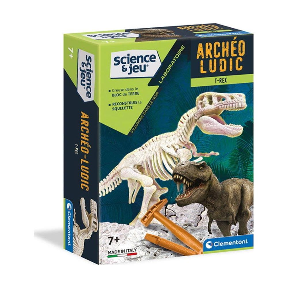 Verpackung eines T-Rex-Skelett-Bausatzes mit Dino-Modellen und Werkzeugen.