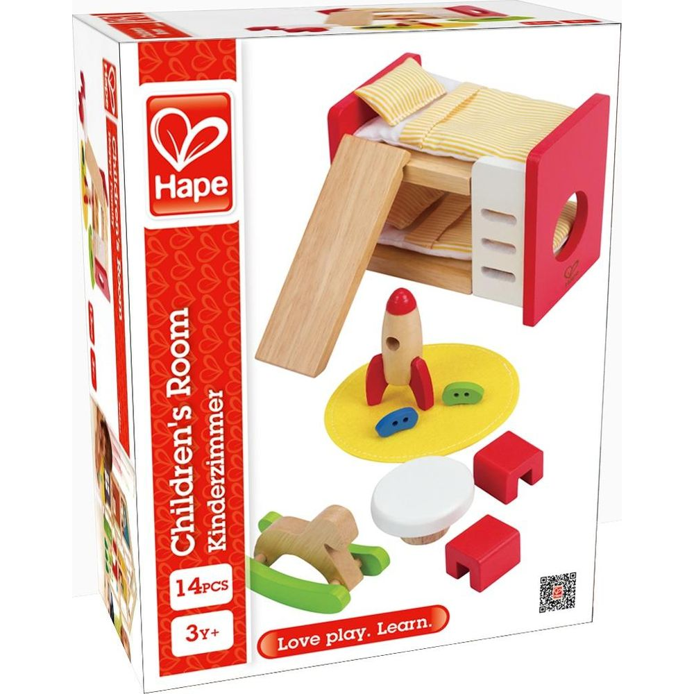 Juego de Hape para habitación infantil con cama, cohete, caballito y más.