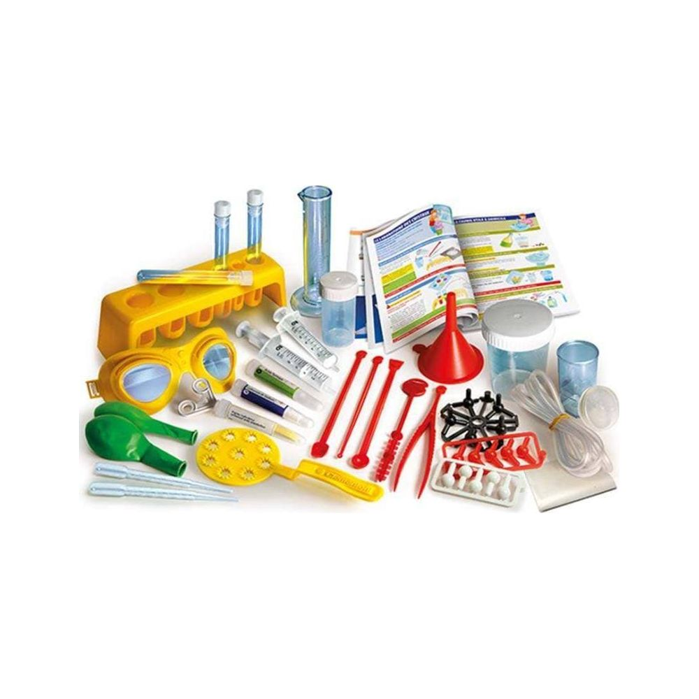 Un kit de ciencia con tubos de ensayo, vasos de precipitados, jeringas, gafas y herramientas.