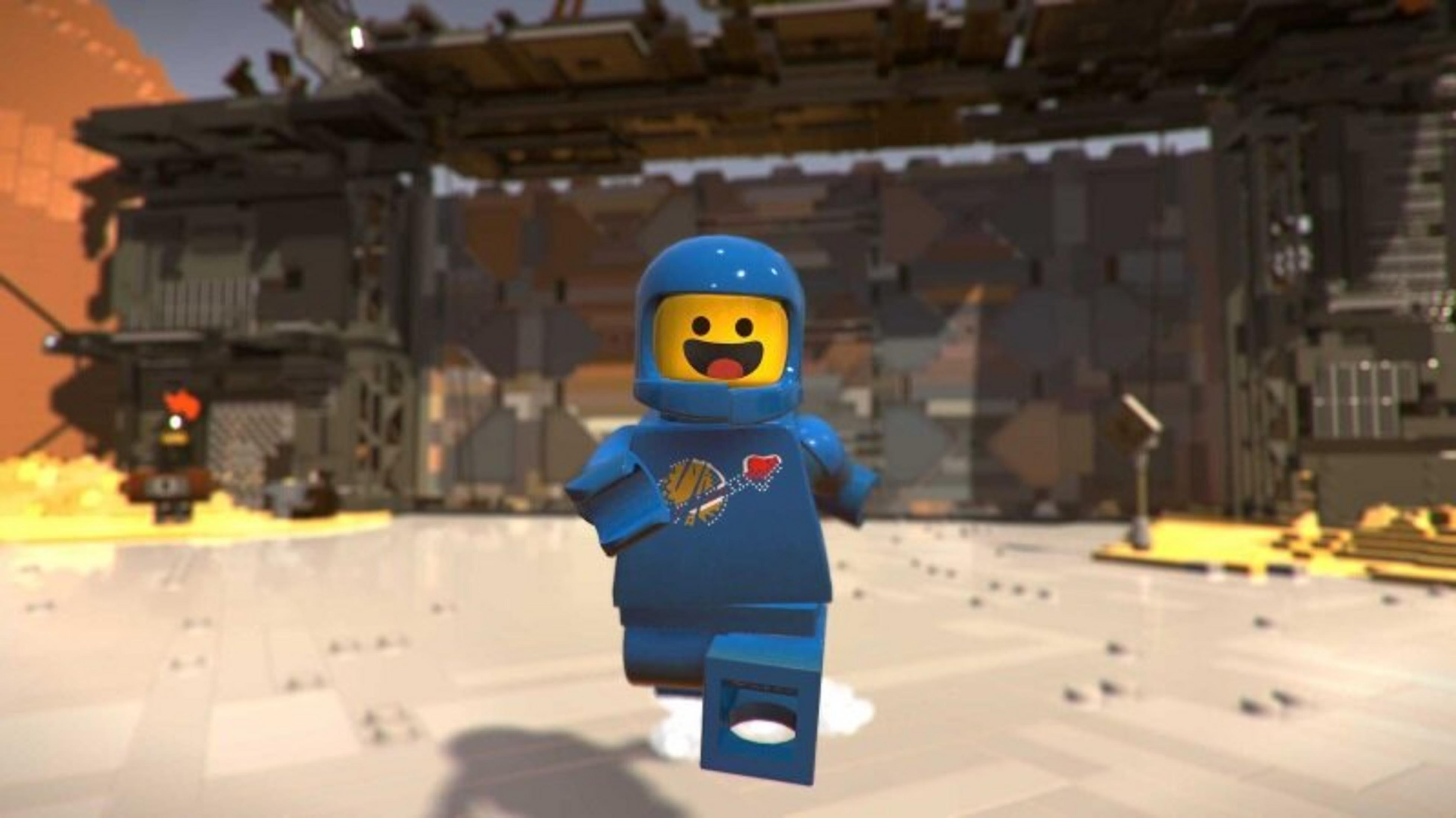 Ein blauer Lego-Astronaut steht vor einem großen Gebäude im Weltraum.