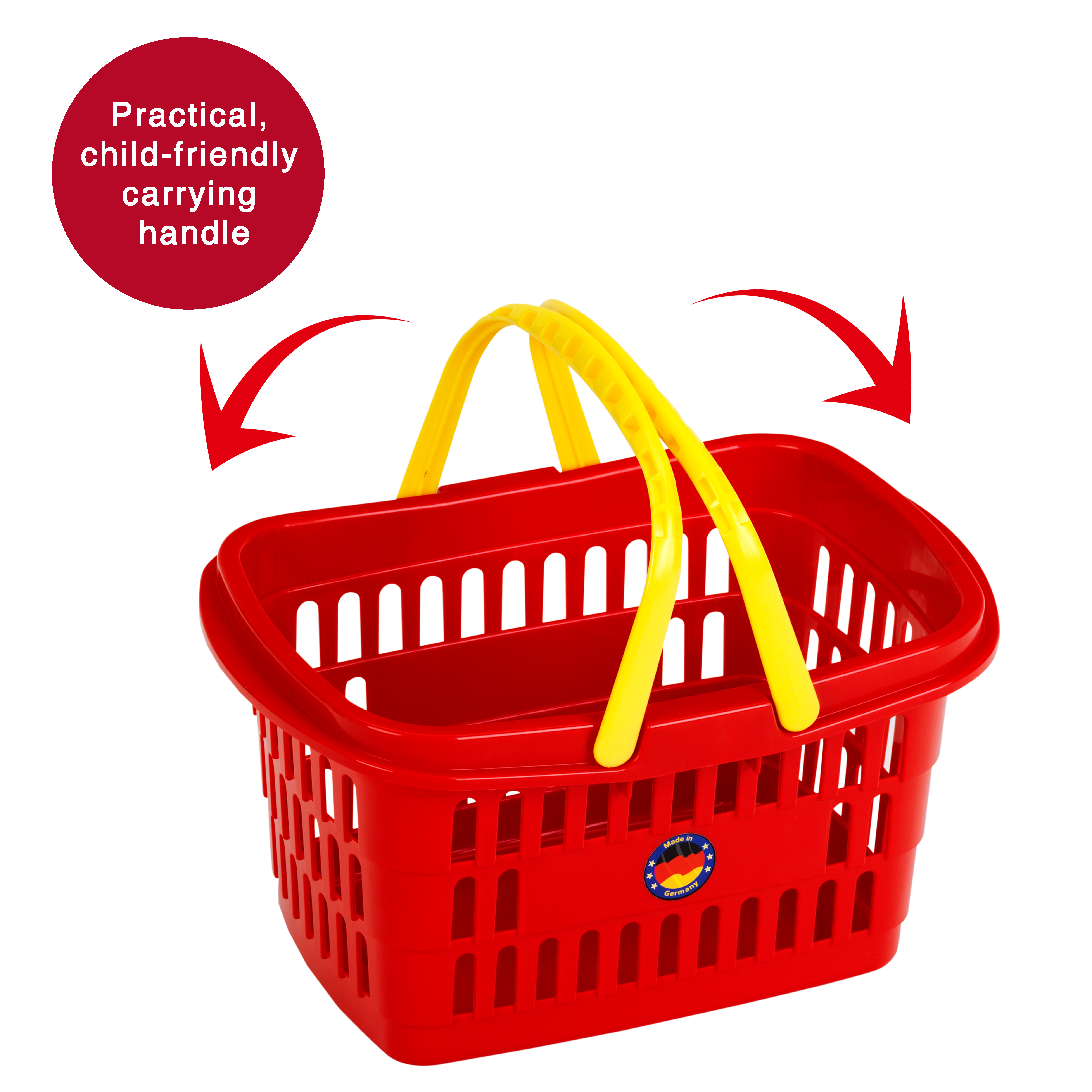 Panier rouge avec poignées jaunes et un autocollant "Made in Germany".