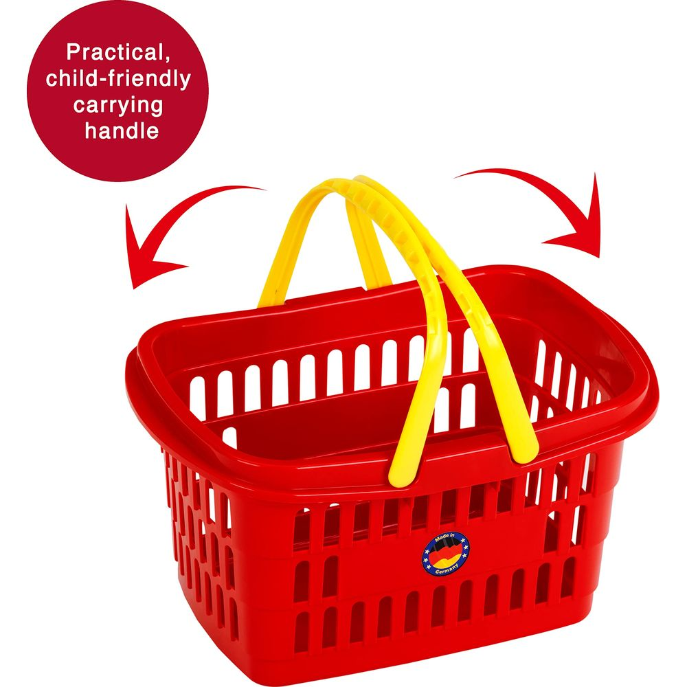 Panier rouge avec poignées jaunes, poignée pratique et adaptée aux enfants.