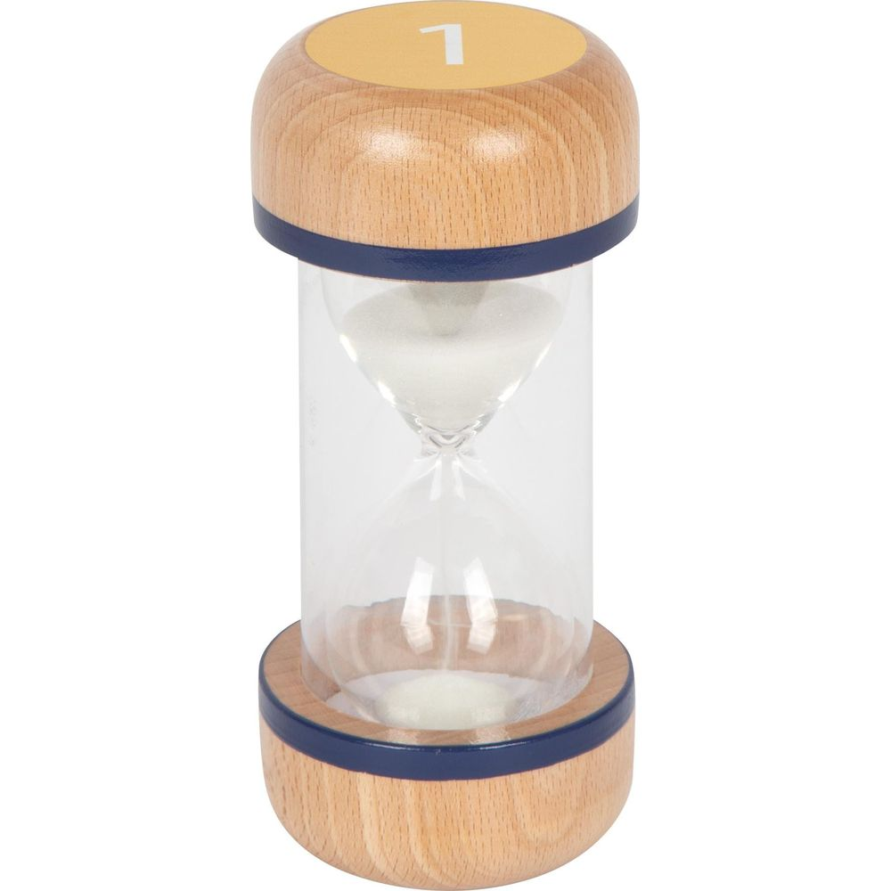 Reloj de arena de madera con arena blanca, número 1 arriba y banda azul.