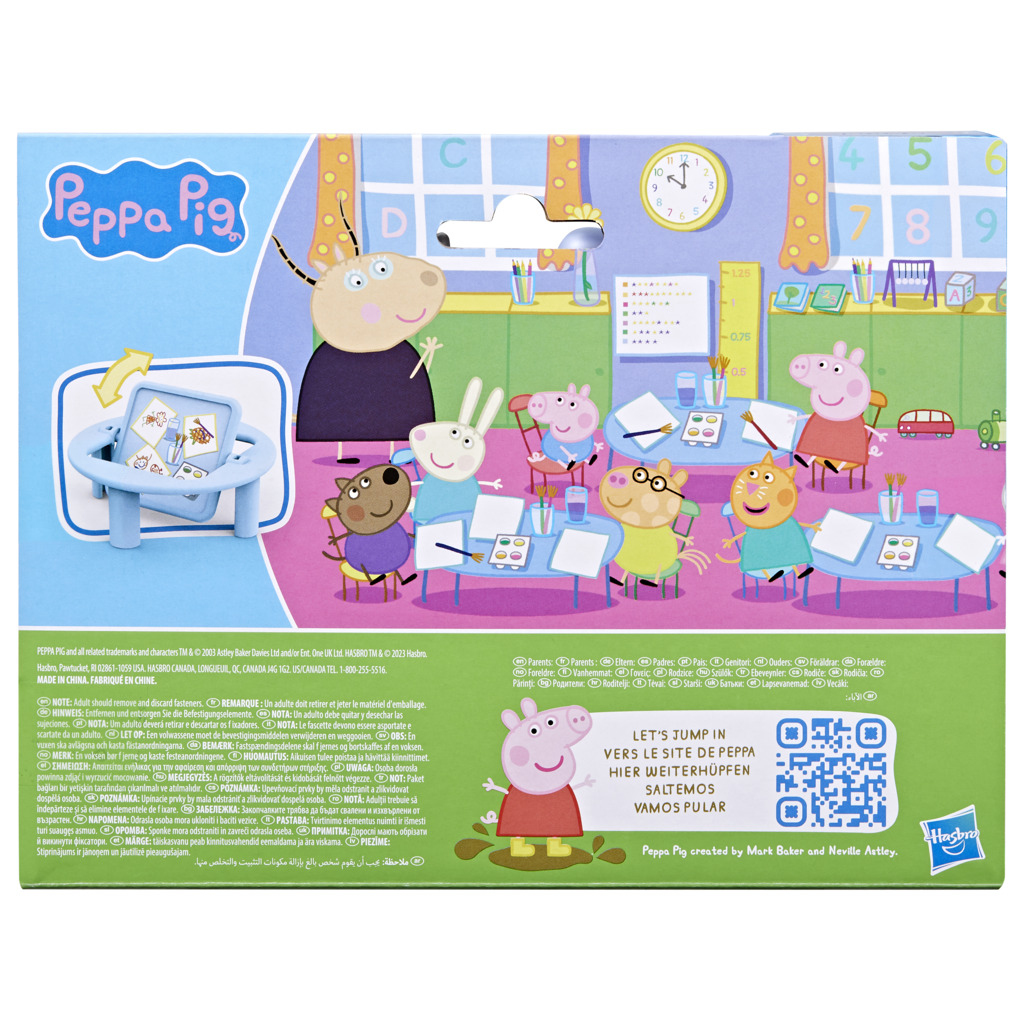 Peppa Wutz-Spielzeugverpackung mit vielen Figuren in einem Klassenzimmer. Uhr, Zahlen, Spielzeug.
