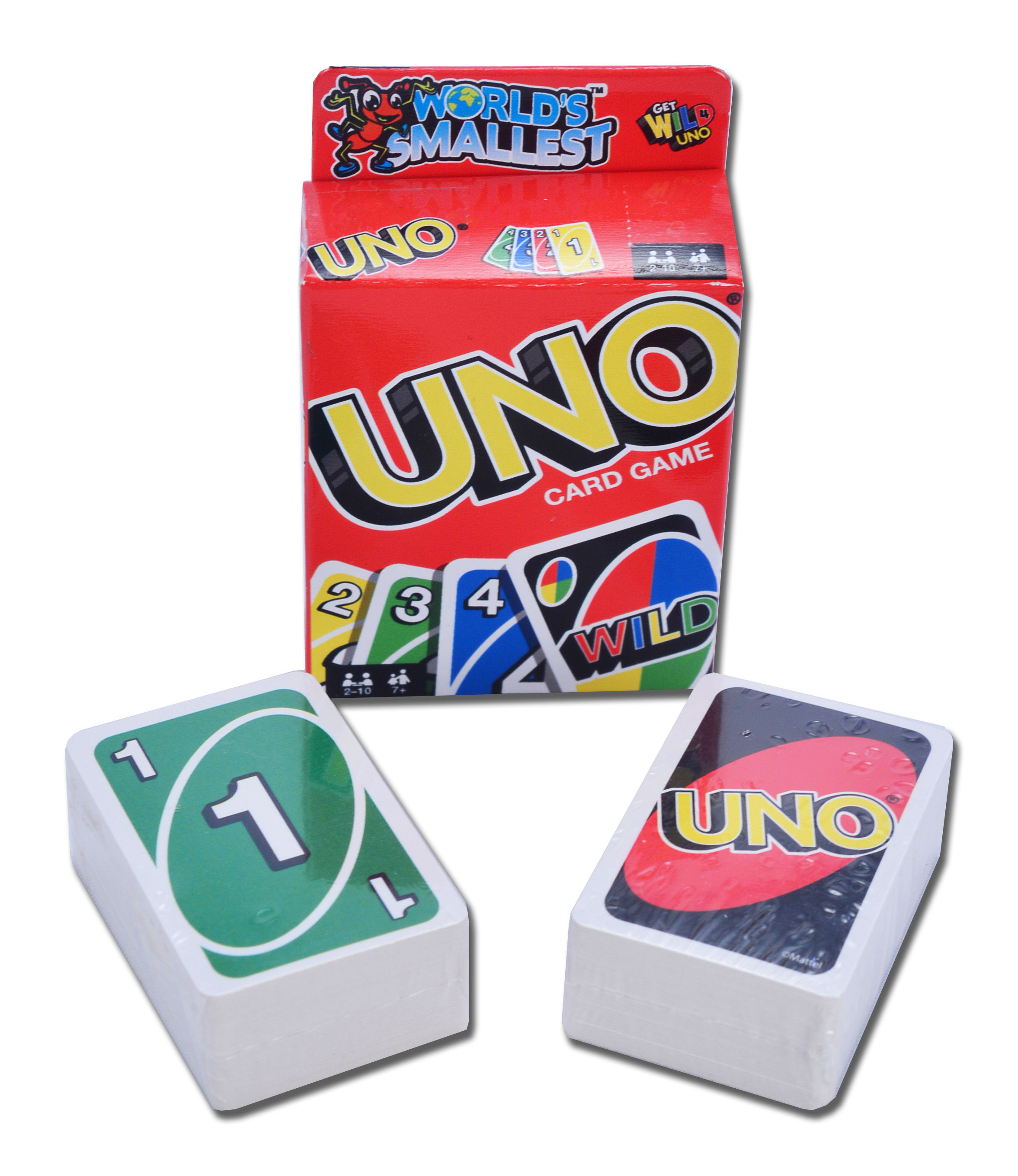 UNO Kartenspiel-Verpackung mit zwei Stapeln Karten. "World's Smallest UNO".