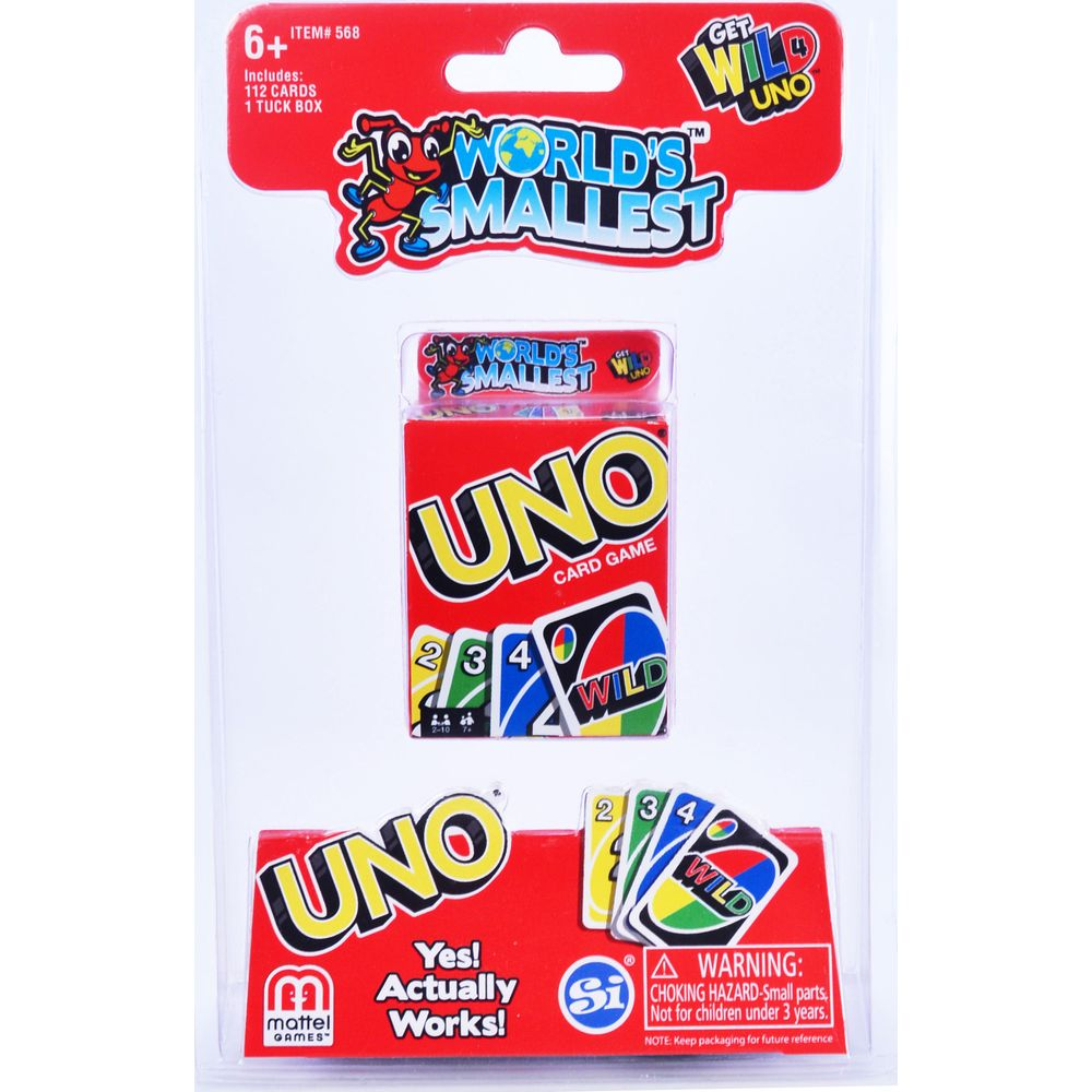 Verpackung des kleinsten Uno-Kartenspiels mit Spielkarten und Warnhinweisen.