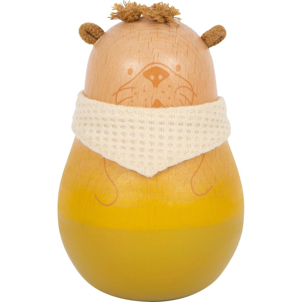 Jouet en bois d'animal assis, corps jaune et écharpe blanche.