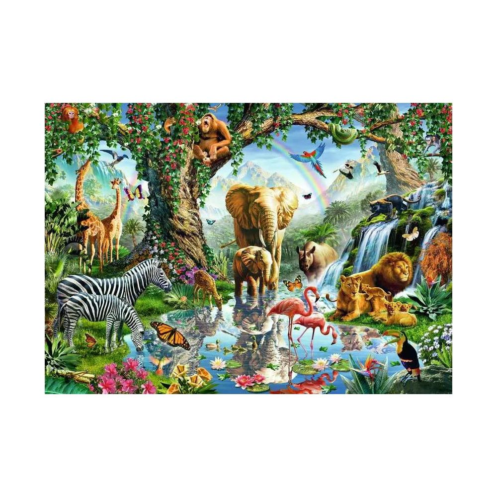 Diversité d'animaux près d'une cascade avec arc-en-ciel.