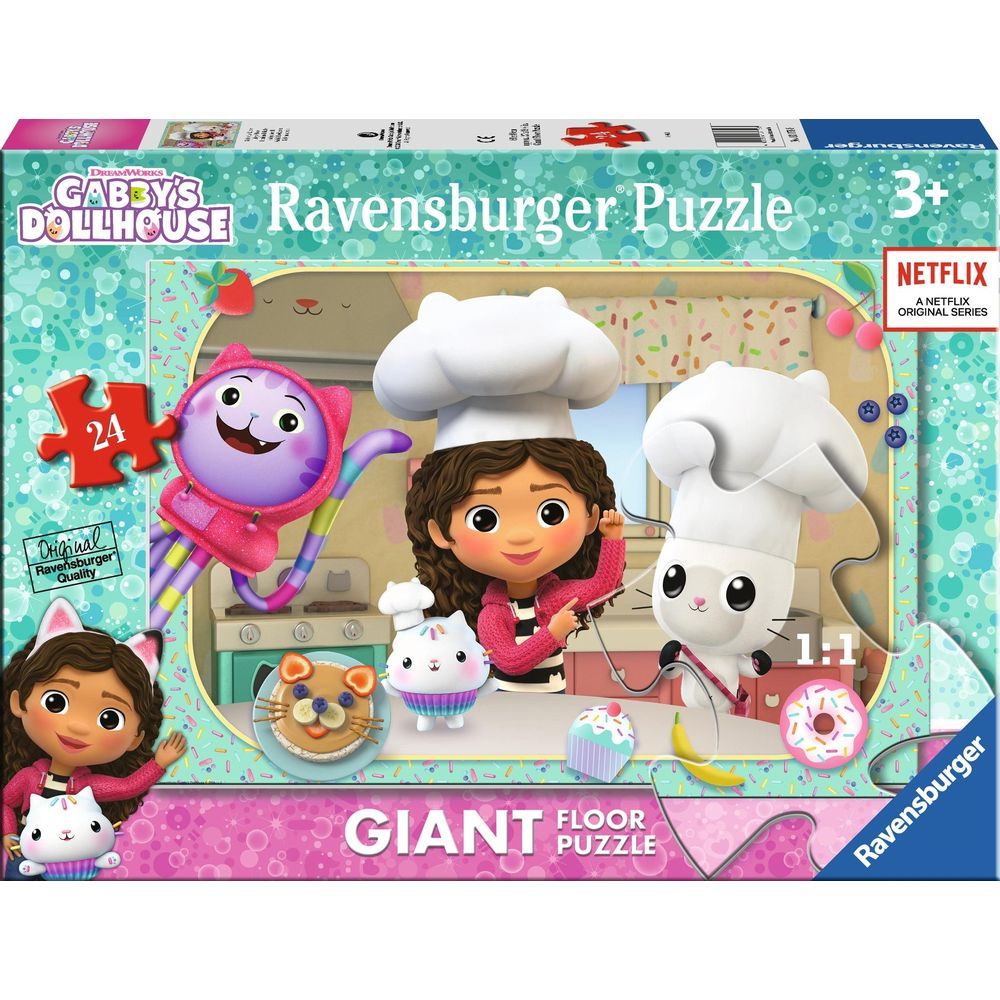Puzzle da Pavimento Gigante Gabby's Dollhouse Ravensburger con personaggi e cibo.
