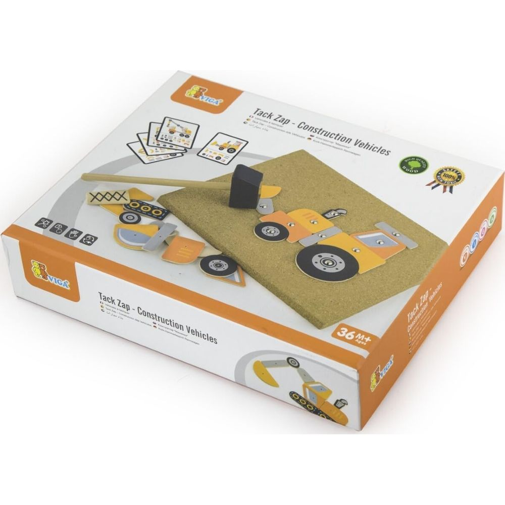 Verpackung für ein Kinderspielzeug mit Bau Fahrzeugen, Hammer und Korkplatte.
