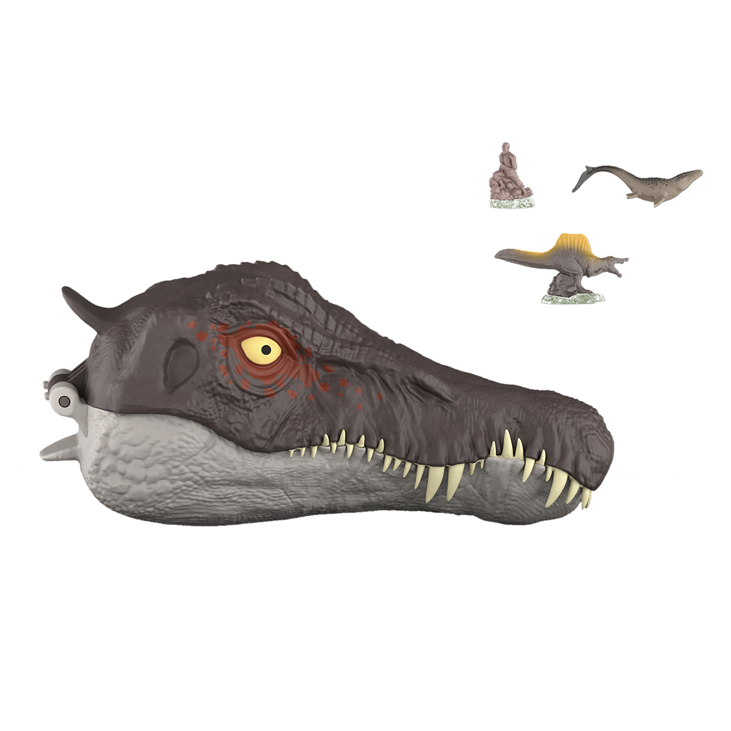 Cabeza de dinosaurio gris oscuro con ojo amarillo y figuras pequeñas.
