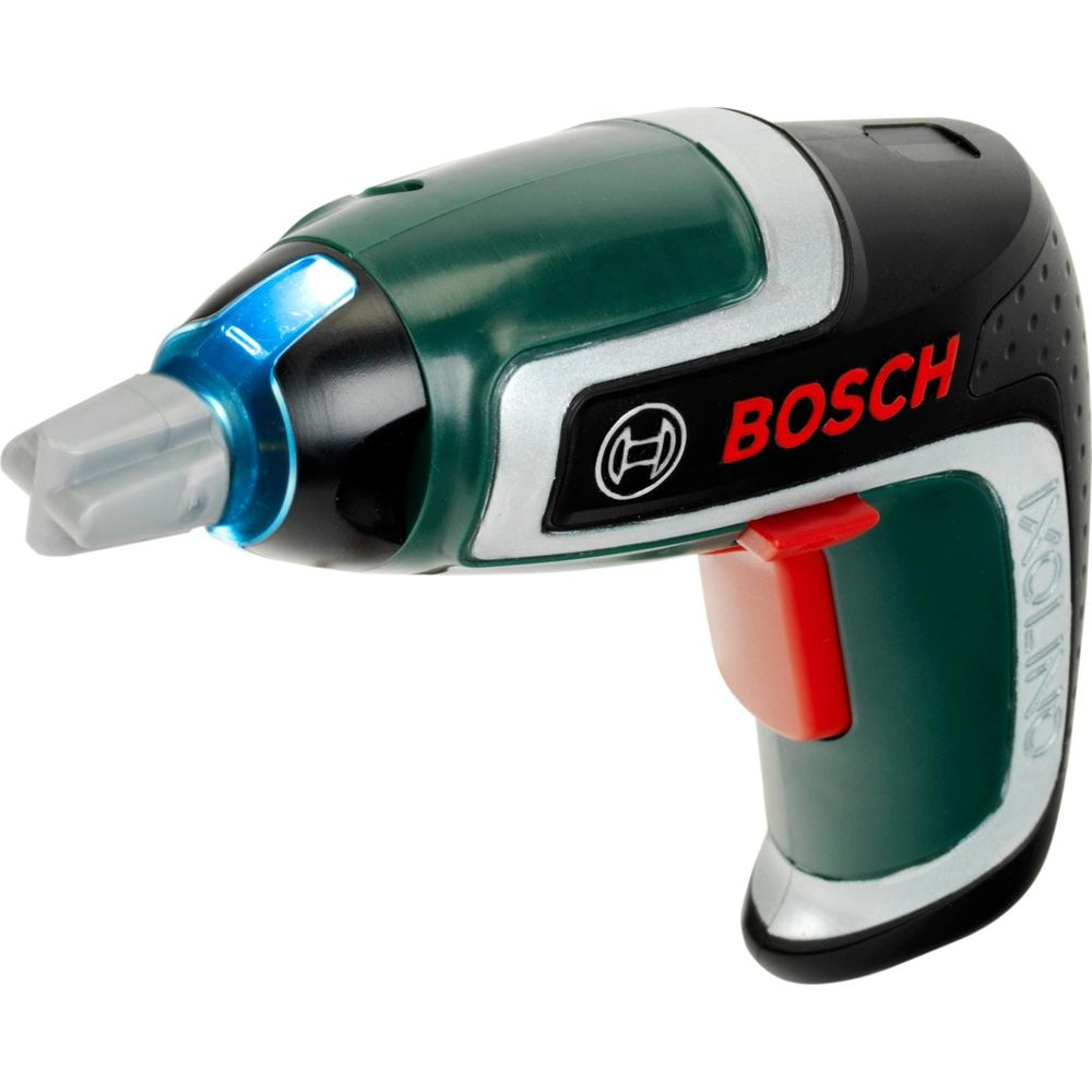 Ein batteriebetriebener Bosch-Akkuschrauber mit grünem und schwarzem Gehäuse und rotem Abzug.