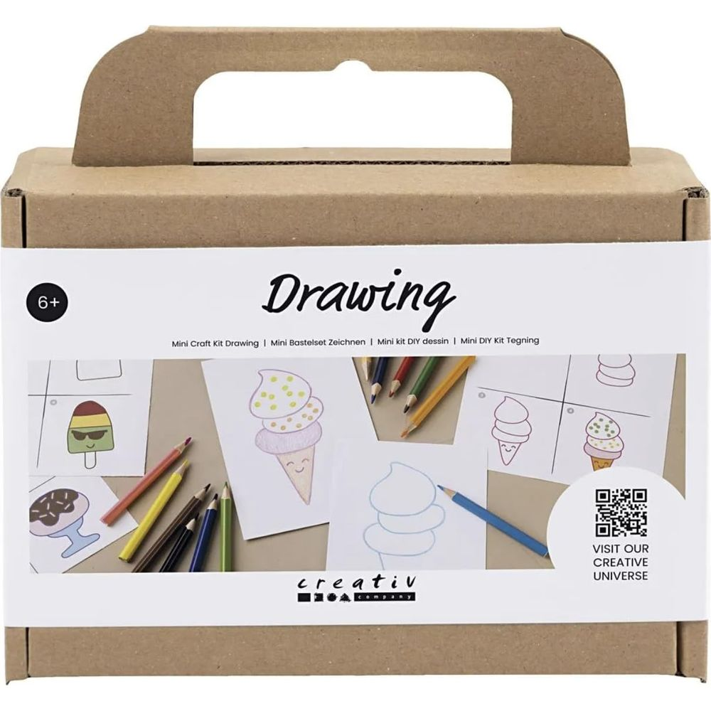 Scatola kit disegno con disegni di gelato e matite colorate.