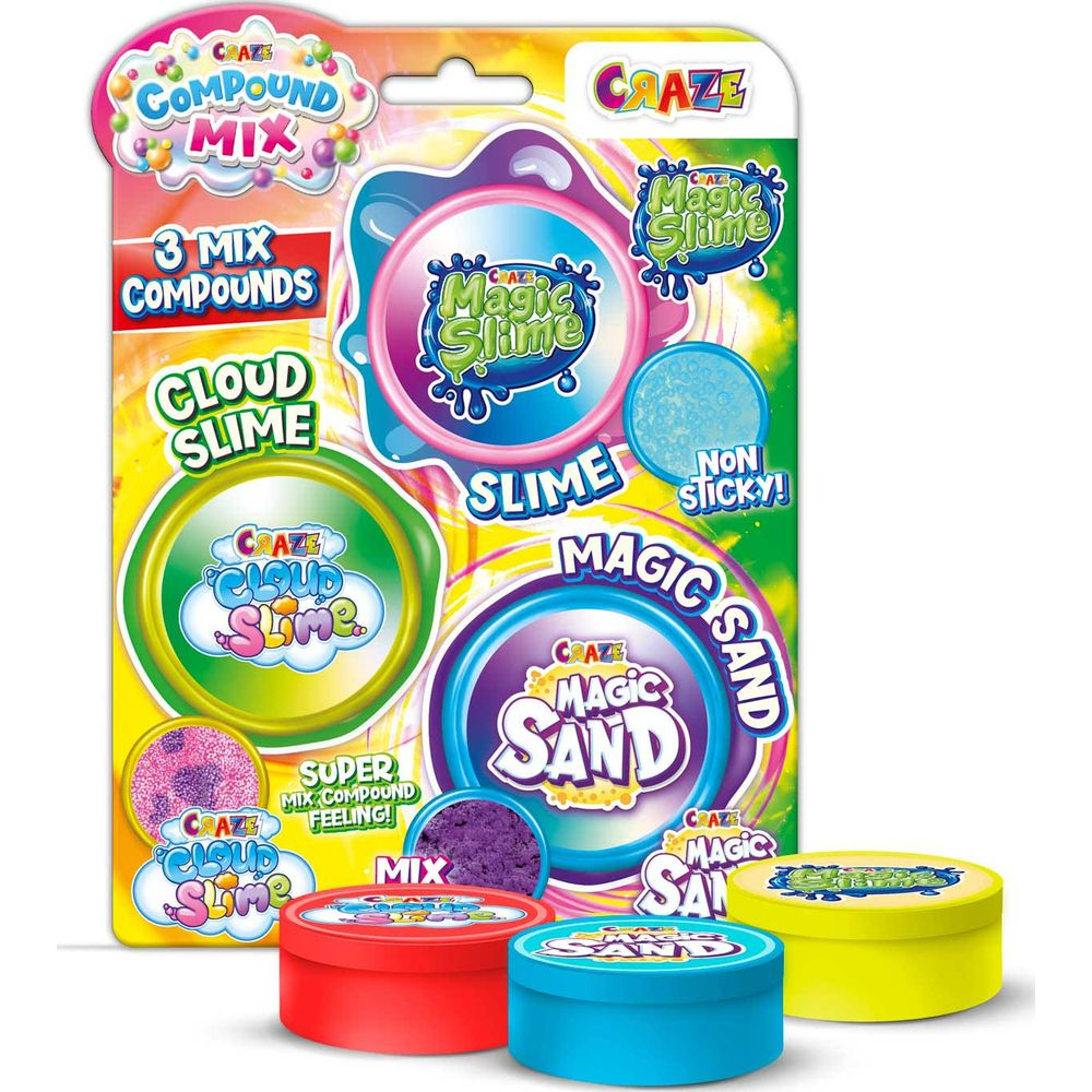 Kit Krazy Compound Mix slime e sabbia magica con 3 composti e contenitori colorati.