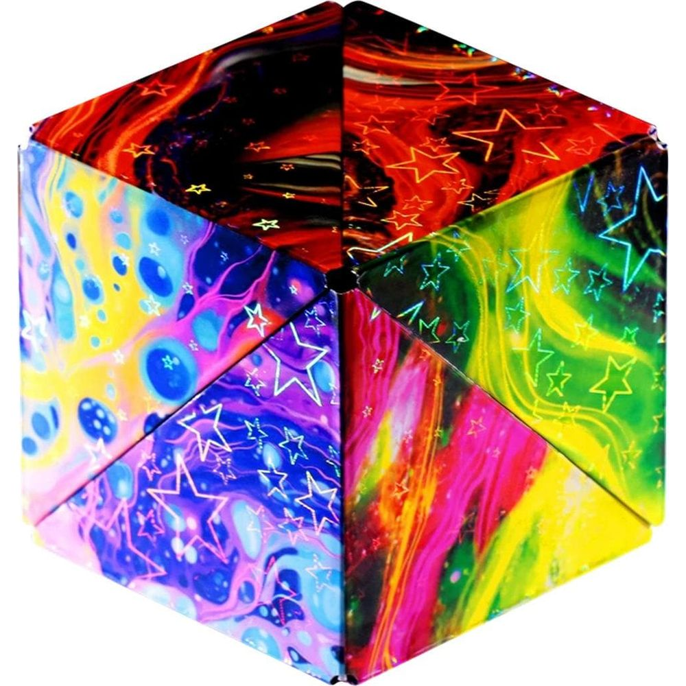 Un cubo esagonale con motivi psichedelici colorati e stelle.