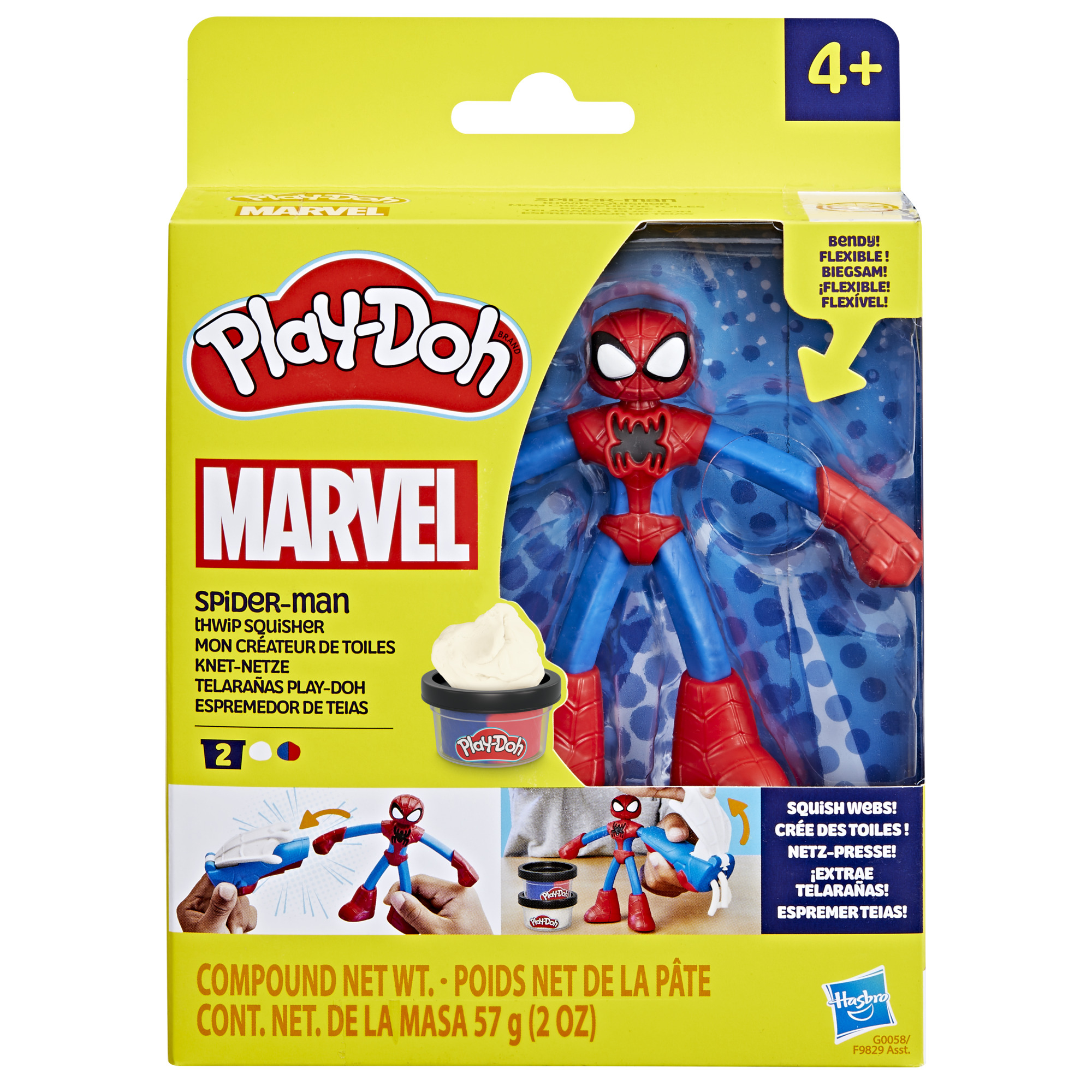 Zestaw Play-Doh Marvel Spider-Man z elastyczną figurką, narzędziami i masą.