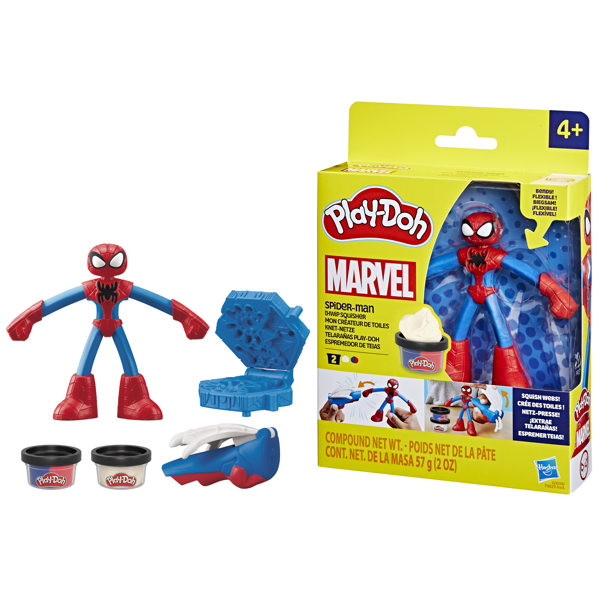 Zestaw Play-Doh Spider-Man z elastyczną figurką, formami do ciastoliny i pojemnikami.