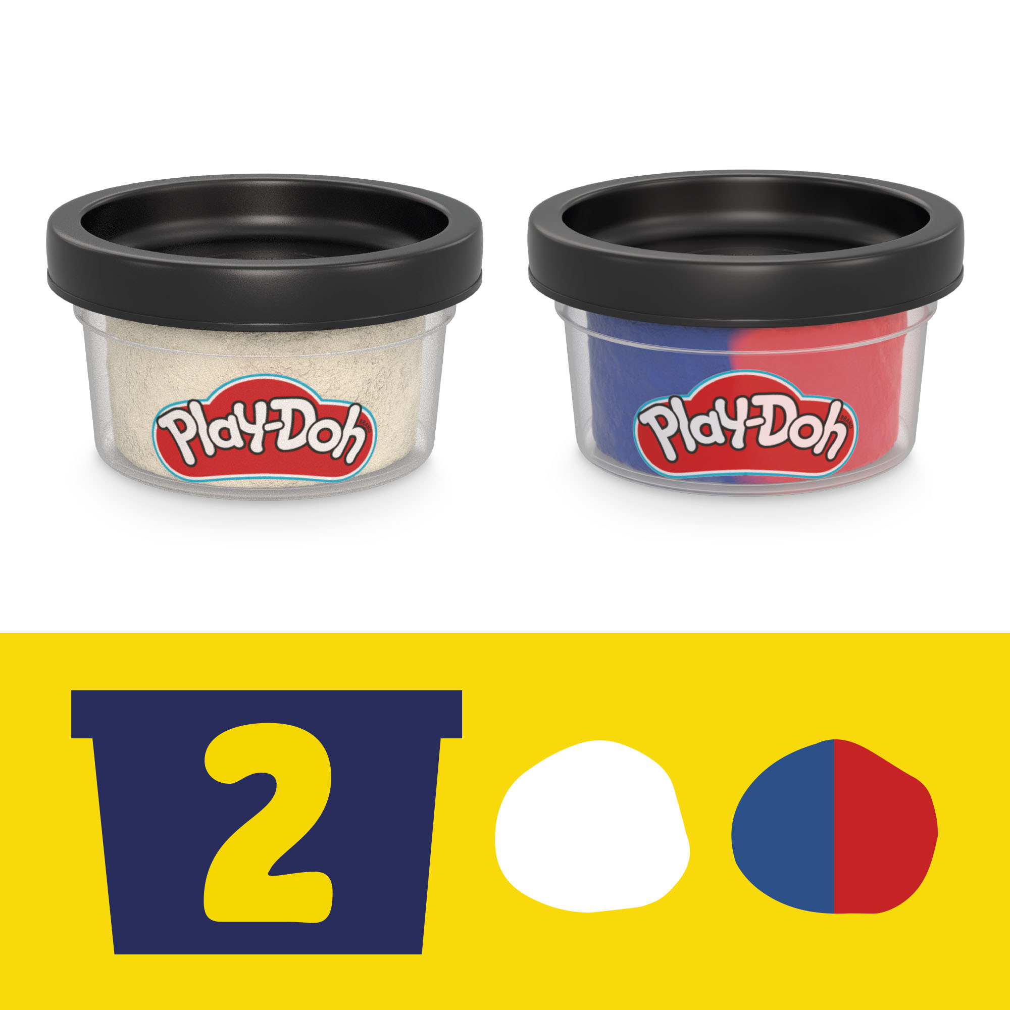 Dwa pojemniki Play-Doh, jeden jasny, drugi niebiesko-czerwony. Na dole: liczba 2, biała, niebiesko-czerwona masa.