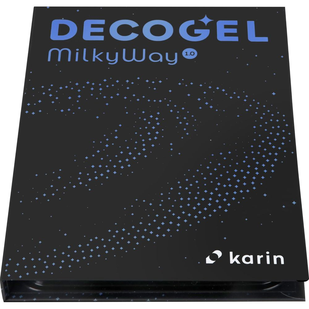 Schwarze Box mit blauen Sternenmustern und Text: DECO GEL milkyWay 1.0 und Karin.